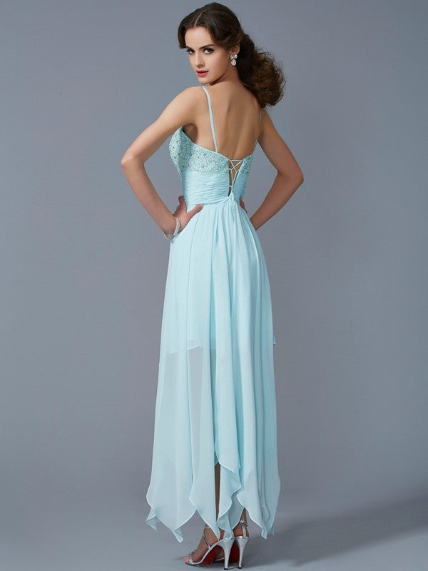 A-Linie/Princess-Linie Spaghettiträger Ärmellos Perlen verziert High Low Chiffon Homecoming Kleider